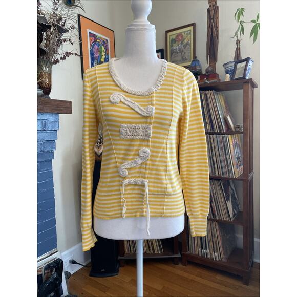Anthropologie Sparrow M Yellow Striped Sweater Crochet Button Cardigan Y2K - Picture 7 of 14